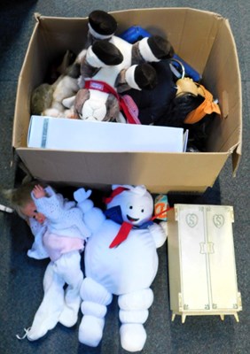 Lot 2231 - Doll's wardrobes, soft toys, dolls, etc. (1 box).