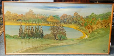 Lot 2246 - J Bevan. Lake scene, oil on board, signed,...