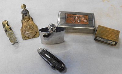 Lot 2118 - A tobacco tin, matchbox holder, small hip...