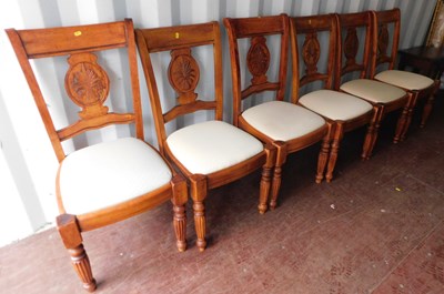 Lot 1094 - Six hardwood dining chairs, with harvest splat,...