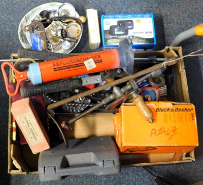 Lot 2256 - Tools, tool case, metal tins, etc. (1 box).