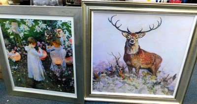 Lot 2272 - Two gilt framed pictures, one oil of a stag,...