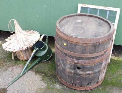 Lot 1111 - A watering can, a large barrel, a leaded glass...