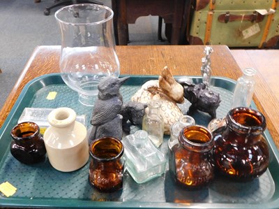 Lot 2174A - Four glass Bovril jars, a glass oil lamp shade,...