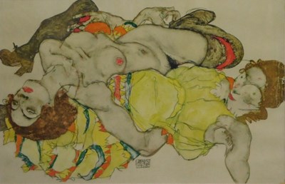 Lot 537 - After Egon Schiele. Female embrace, coloured...