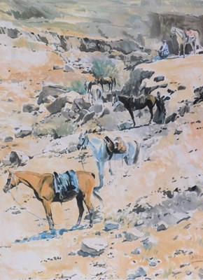 Lot 130 - Peter Upton (b.1937). Resting the horses,...