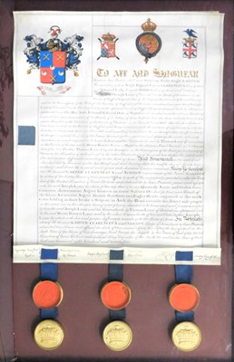 Lot 197 - A framed and mounted Indenture with three wax...