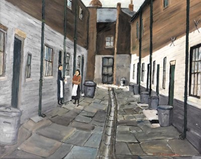 Lot 262 - H. Farrimond. Back yard, oil on board, signed,...