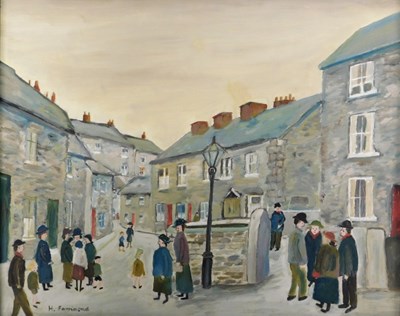 Lot 264 - H. Farrimond. Street scene with figures, oil...