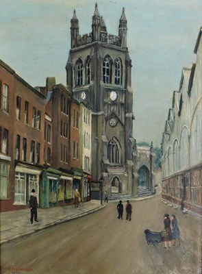Lot 265 - H. Farrimond. Church and street scene, oil on...
