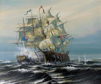 Lot 710 - P. Davis. Masted ship at sea, oil on board,...