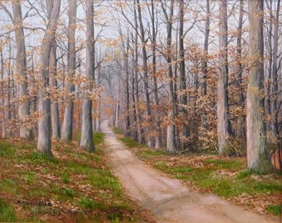 Lot 24 - M. Muehlberger (20thC). Woodland farm, oil on...