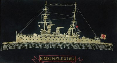 Lot 180 - An early 20thC framed woolwork picture. H.M.S....