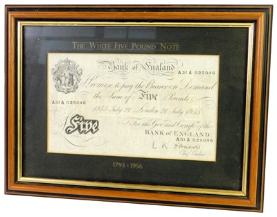 Lot 108 - A Bank of England five pound note, dated July...