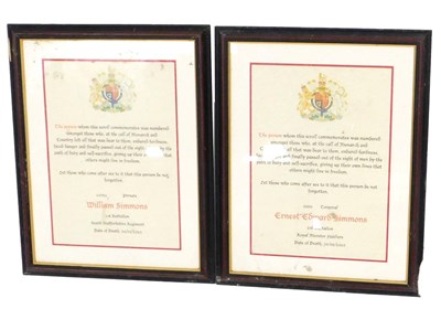 Lot 185 - A pair of WWI commemorative scrolls, named to...