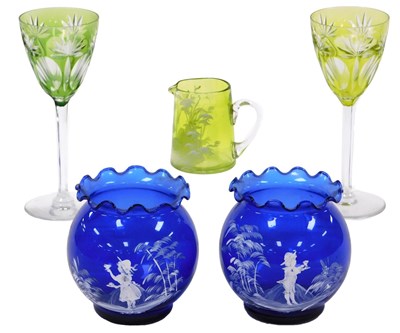 Lot 229 - A pair of 19thC Mary Gregory blue glass vases,...
