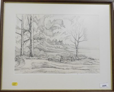 Lot 2006 - J Barker. Landscape scene, pen and ink, signed...