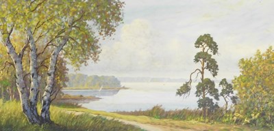 Lot 323 - H Fischer (German 20thC). Lake scene with...
