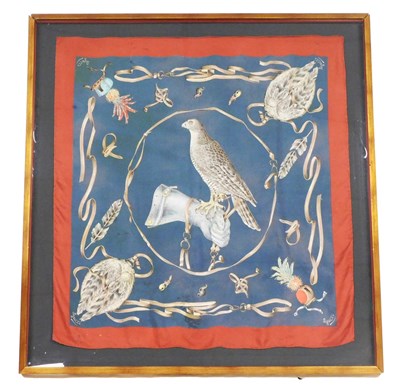 Lot 324 - A Gucci silk blue scarf, decorated with a bird...