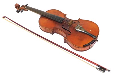 Lot 334 - A violin with a two piece back, and a bow, in...
