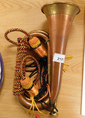 Lot 2172 - A copper and brass bugle, with tasselled...