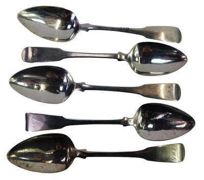 Lot 219 - A set of five George III silver Fiddle pattern...
