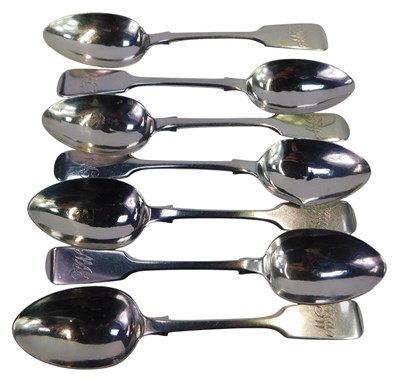 Lot 222 - A set of seven Victorian silver Fiddle pattern...