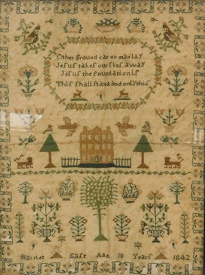 Lot 256 - A Victorian needlework sampler, pictorial with...