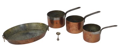 Lot 156 - A set of three graduated copper saucepans,...