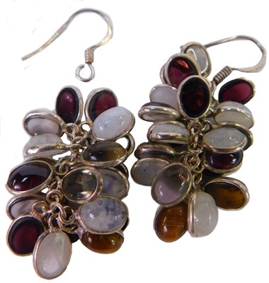 Lot 100 - A pair of silver multi gem stone drop earrings.