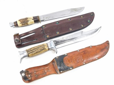 Lot 238 - A pair of antler handled hunting/bowie knives,...