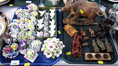 Lot 2066 - Treen, including a buffalo, carved rhinoceros,...