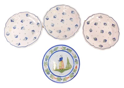 Lot 319 - A set of three 19thC Quimper Faience plates,...
