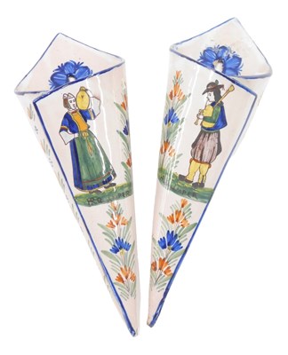 Lot 336 - A pair of Quimper Faience wall pockets, of...