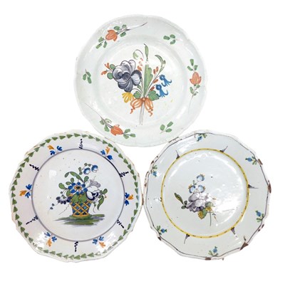 Lot 341 - Three 18thC French Faience plates, each...