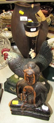 Lot 2180 - A chicken doorstop, wooden vase decorated with...