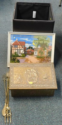 Lot 2109 - A coal scuttle, embroidered picture, toasting...