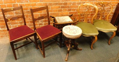 Lot 1052 - Two late 19thC dining chairs, a small stool,...