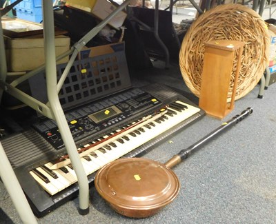 Lot 2189 - A copper warming pan, a large wicker basket,...