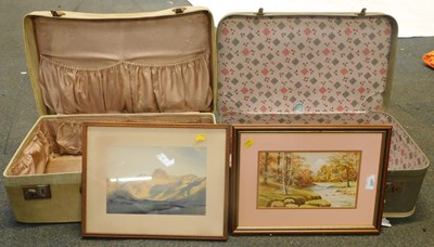 Lot 2207 - Two vintage suitcases, two framed and glazed...