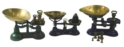 Lot 113 - Two blue enamel coloured sets of scales, with...