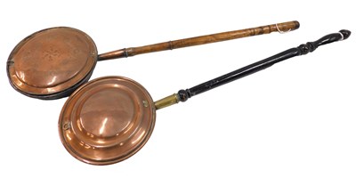 Lot 187 - A 19thC copper warming pan, with turned elm...