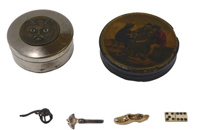 Lot 728 - A 19thC papier mache circular snuff box, with...