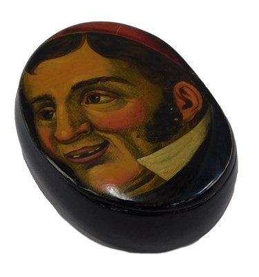 Lot 730 - A 19thC papier mache snuff box, the lid...