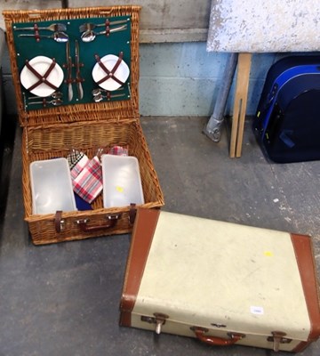 Lot 1564 - A midcentury suitcase, and wicker picnic...