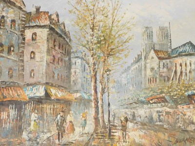 Lot 563 - Burnett. Parisian street scene, oil on board,...