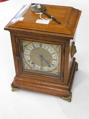 Lot 2213 - A 19thC oak mantel clock, with a rectangular...