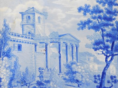Lot 582 - A 19thC tile, printed in blue with a building,...