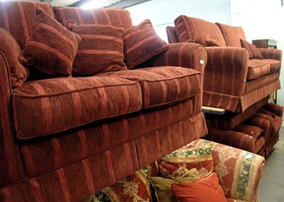 Lot 1588 - A three seater maroon striped upholstered...