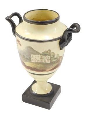 Lot 472 - A 19thC pottery two handled vase, painted with...